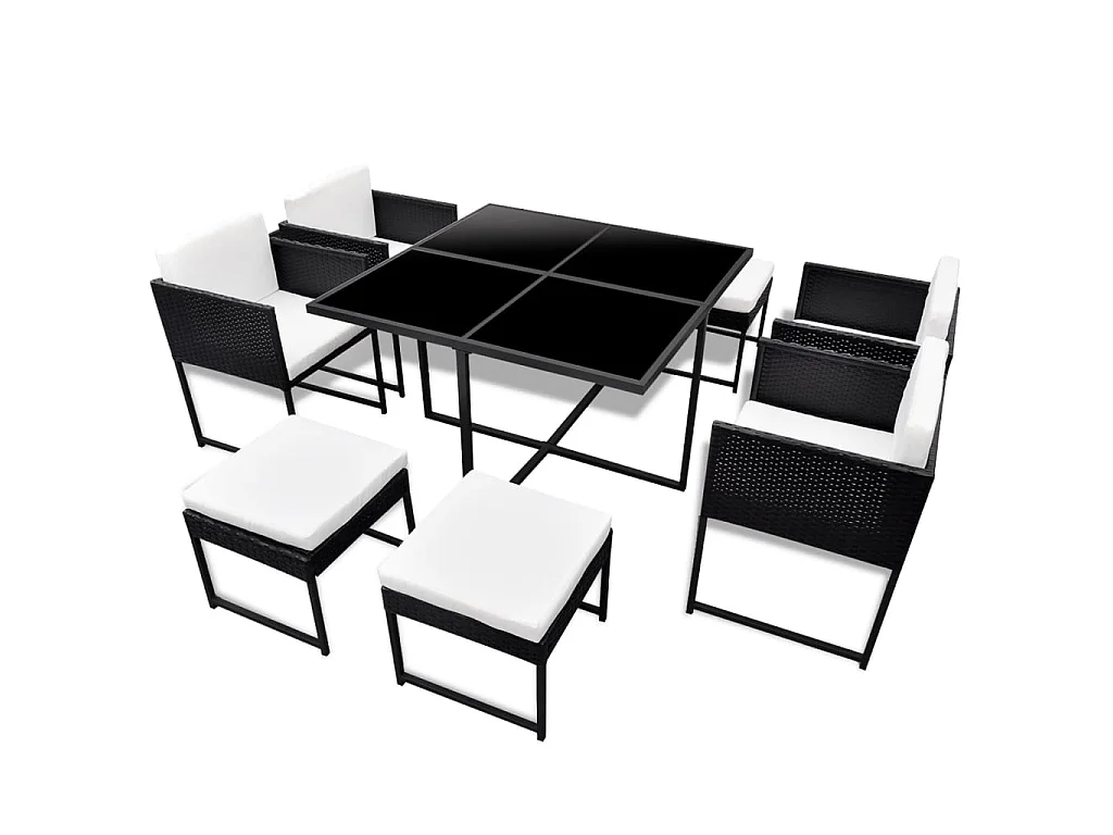 9 pcs conjunto jantar exterior com almofadões vime PE preto