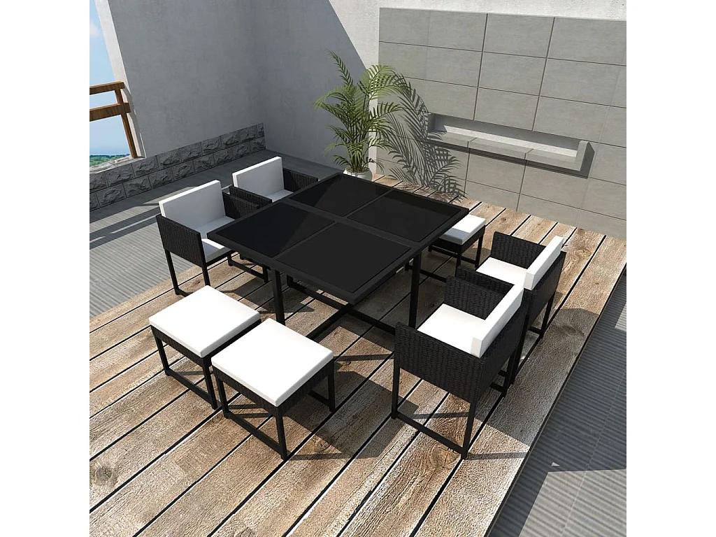 9 pcs conjunto jantar exterior com almofadões vime PE preto
