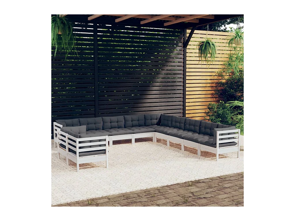 Salon de jardin 11 pcs avec coussins blanc bois de pin solide