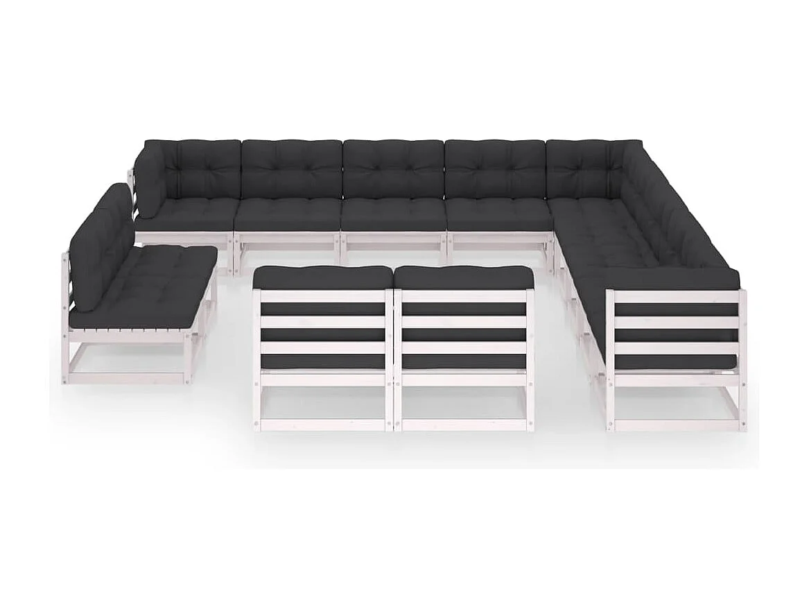 Salon de jardin 13 pcs avec coussins Blanc Bois de pin massif