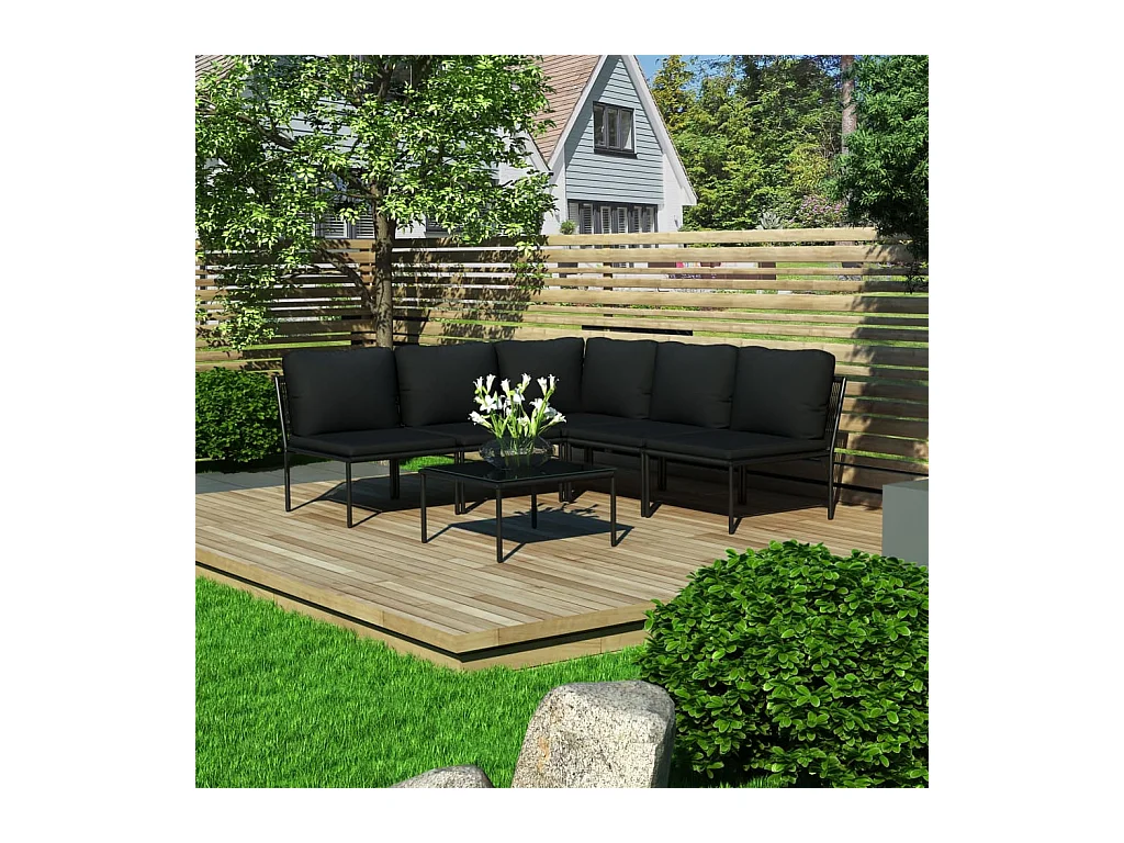 Salon de jardin 6 pcs avec coussins Noir PVC