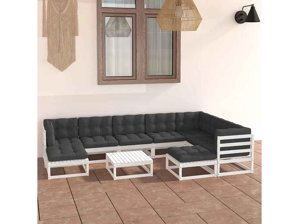 Salon de jardin 10 pcs avec coussins Blanc Bois de pin massif