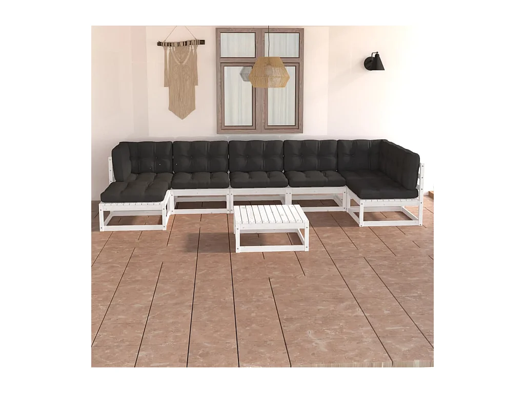 Set Salotto Giardino 8 pz Cuscini Antracite Legno Massello Pino
