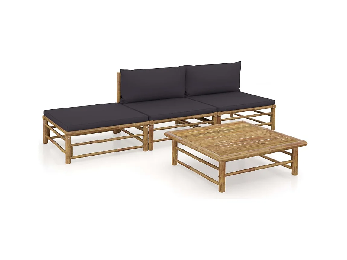 Salon de jardin 4 pcs avec coussins gris foncé bambou