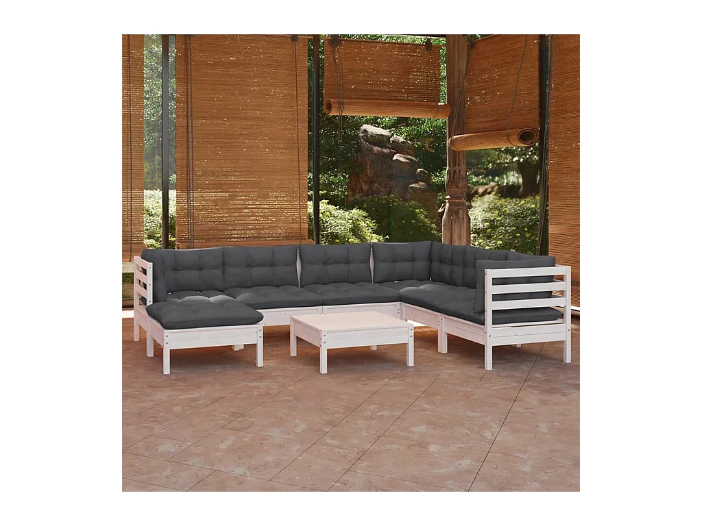 8-delige Loungeset met kussens massief grenenhout wit
