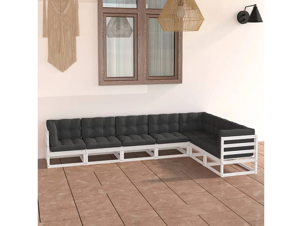 Salon de jardin 7 pcs avec coussins blanc bois de pin massif