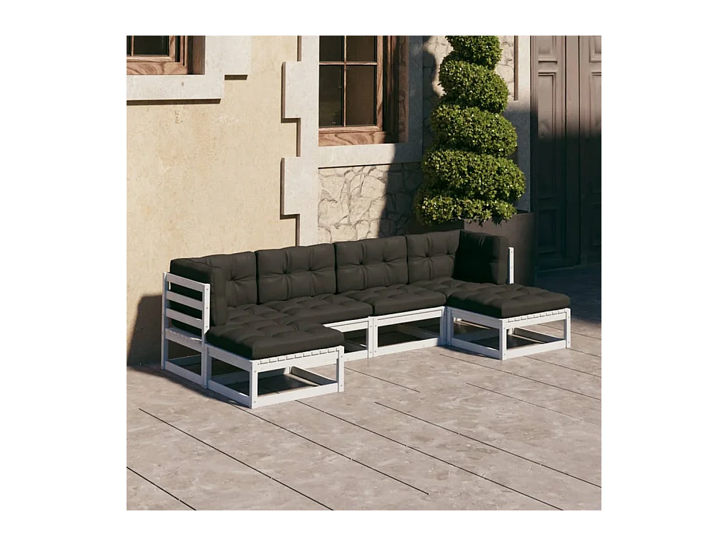 6-delige Loungeset met kussens massief grenenhout wit