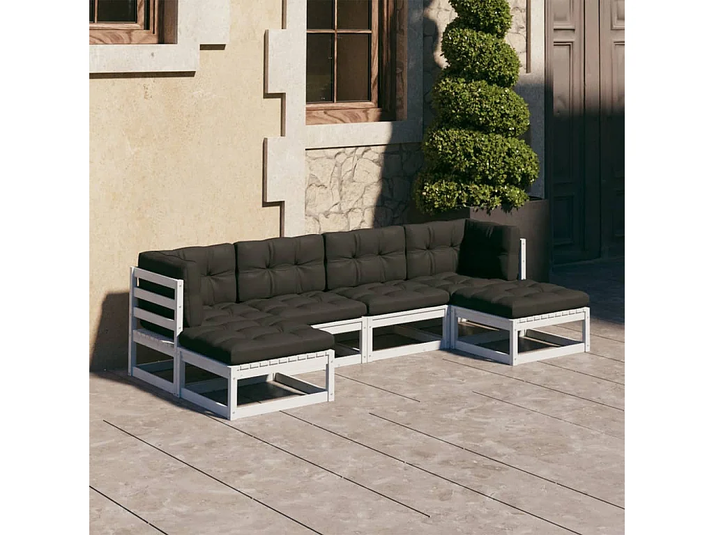 6-delige Loungeset met kussens massief grenenhout wit