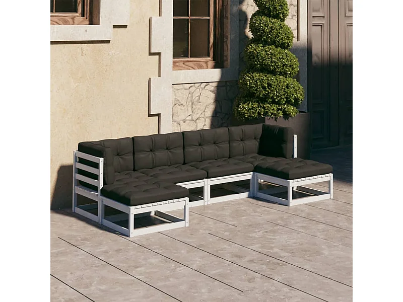 6-delige Loungeset met kussens massief grenenhout wit