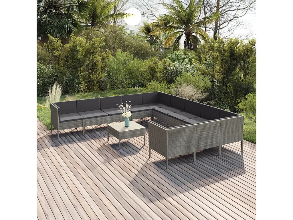 12-delige Loungeset met kussens poly rattan grijs