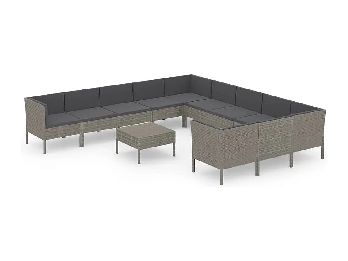 12-delige Loungeset met kussens poly rattan grijs