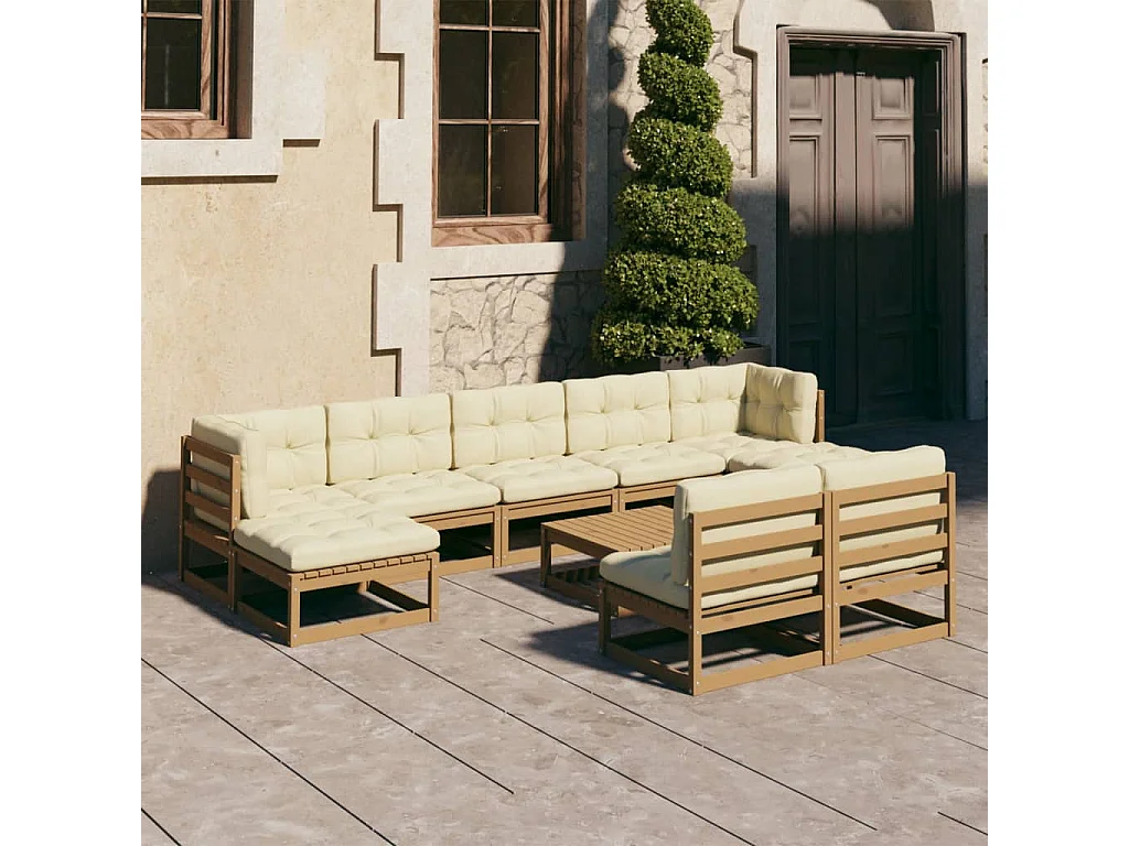 10-delige Loungeset met kussens massief grenenhout honingbruin