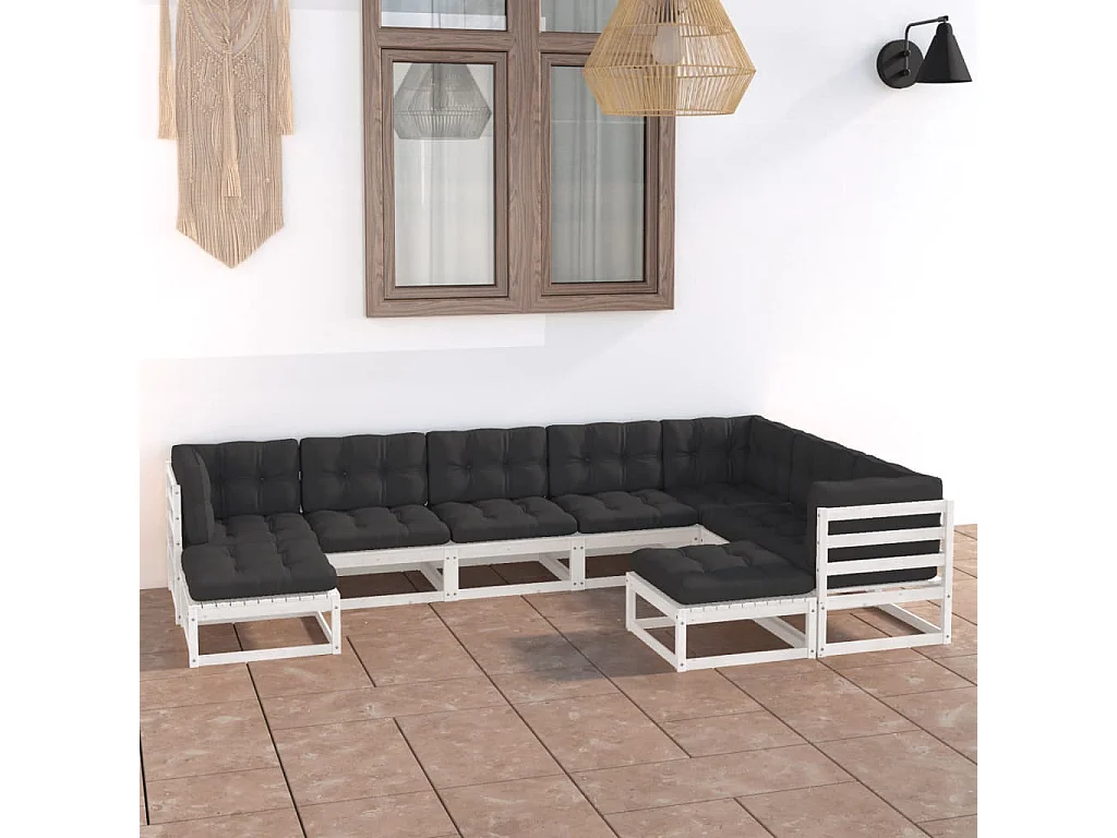 9-tlg. Garten-Lounge-Set mit Kissen Weiß Massivholz Kiefer