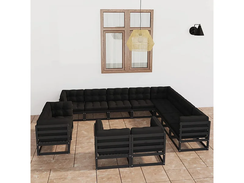 12-tlg. Garten-Lounge-Set mit Kissen Schwarz Massivholz Kiefer