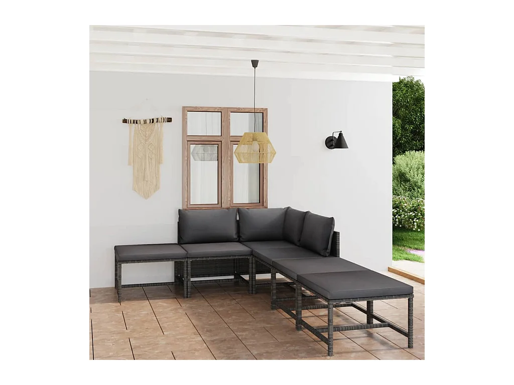 Set Divani da Giardino 6 pz con Cuscini in Polyrattan Grigio