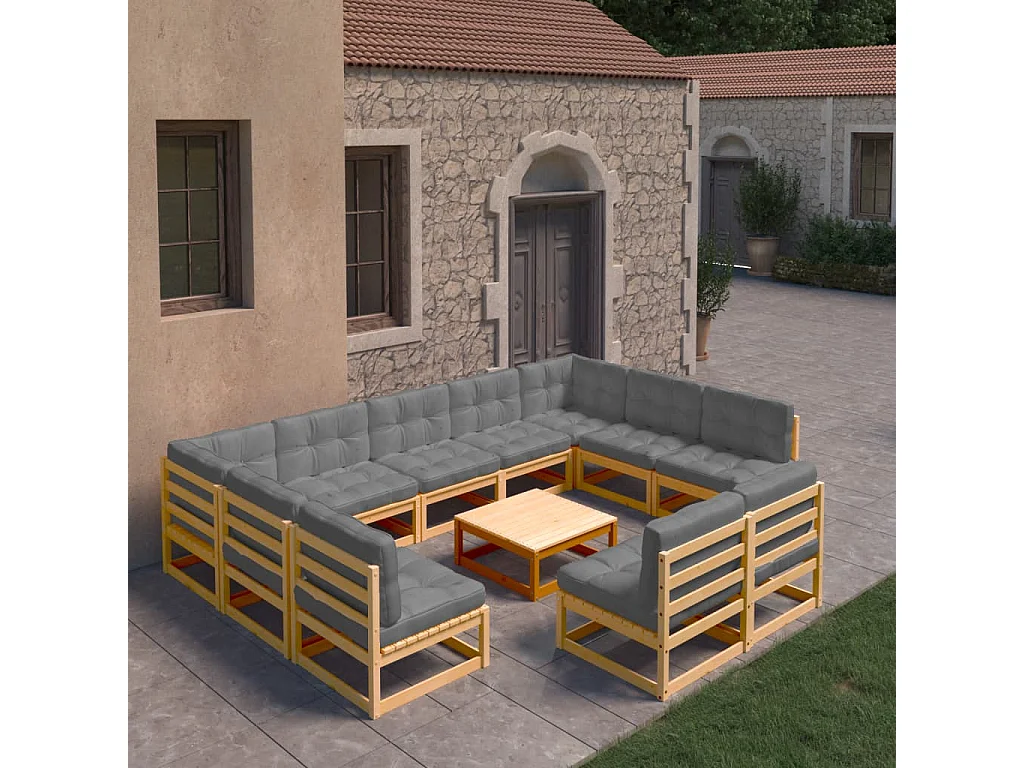 10-tlg. Garten-Lounge-Set mit Kissen Massivholz Kiefer
