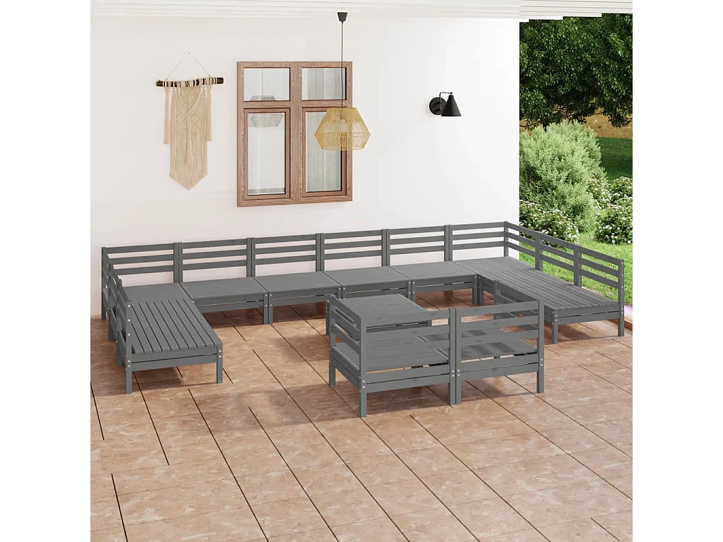 Set Salotto da Giardino 13 pz in Legno Massello di Pino Grigio
