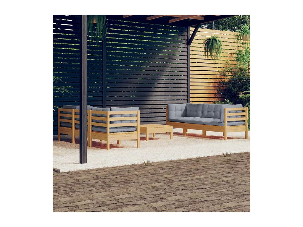 Salon de jardin 7 pcs avec coussins gris bois de pin