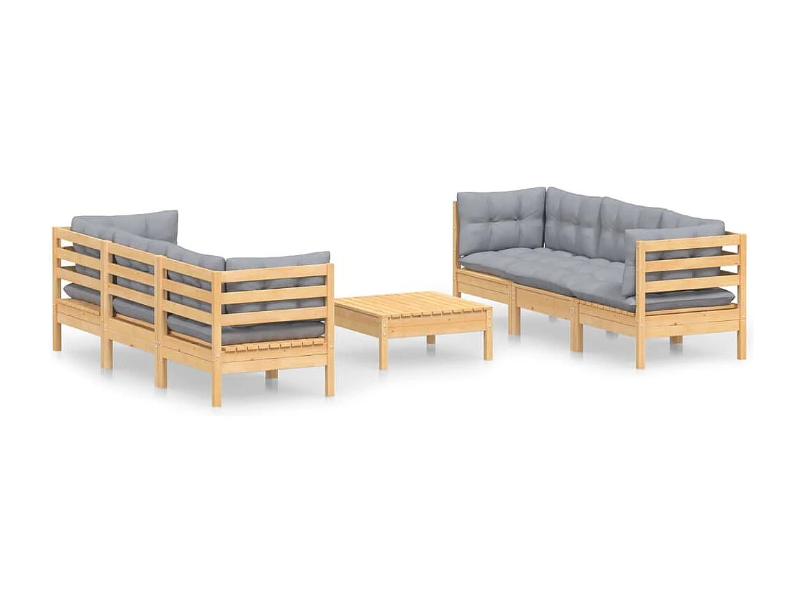 Salon de jardin 7 pcs avec coussins gris bois de pin