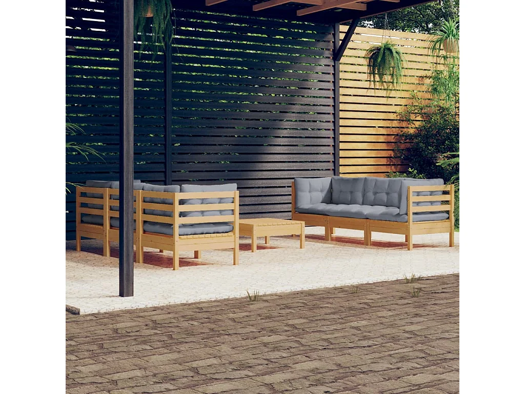 Salon de jardin 7 pcs avec coussins gris bois de pin