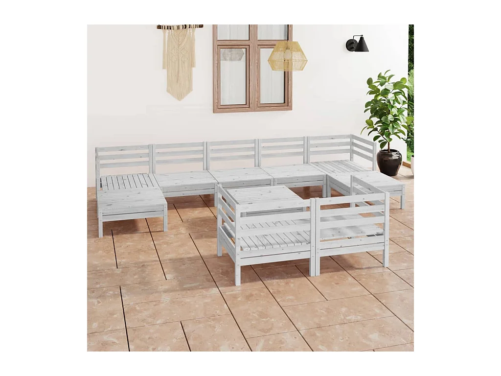 Salon de jardin 10 pcs Blanc Bois de pin massif