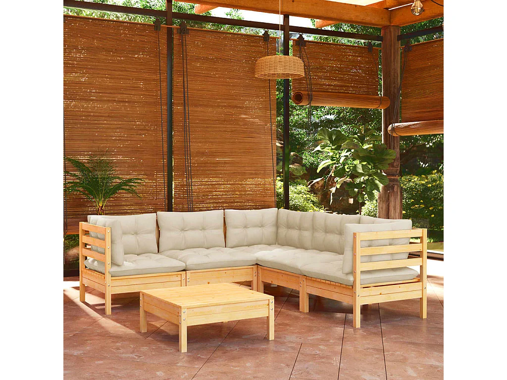 6 pcs conjunto lounge jardim c/ almofadões creme pinho maciço
