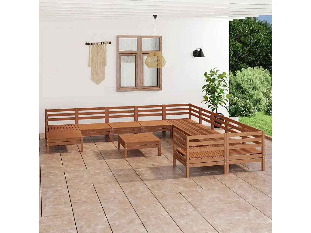 12 pcs conjunto lounge de jardim pinho maciço castanho mel
