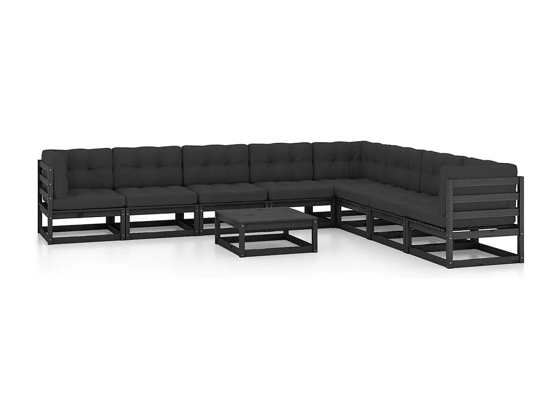 9-delige Loungeset met kussens massief grenenhout zwart