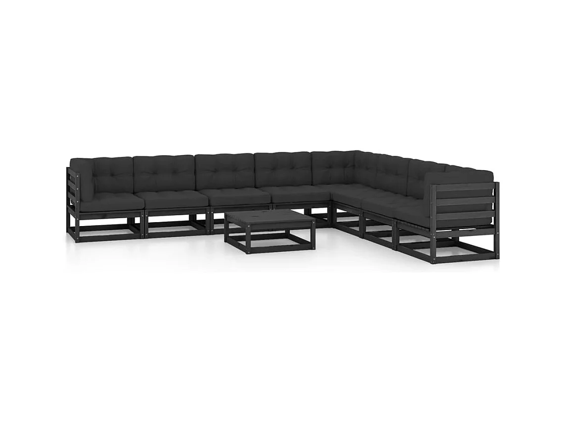 9-delige Loungeset met kussens massief grenenhout zwart