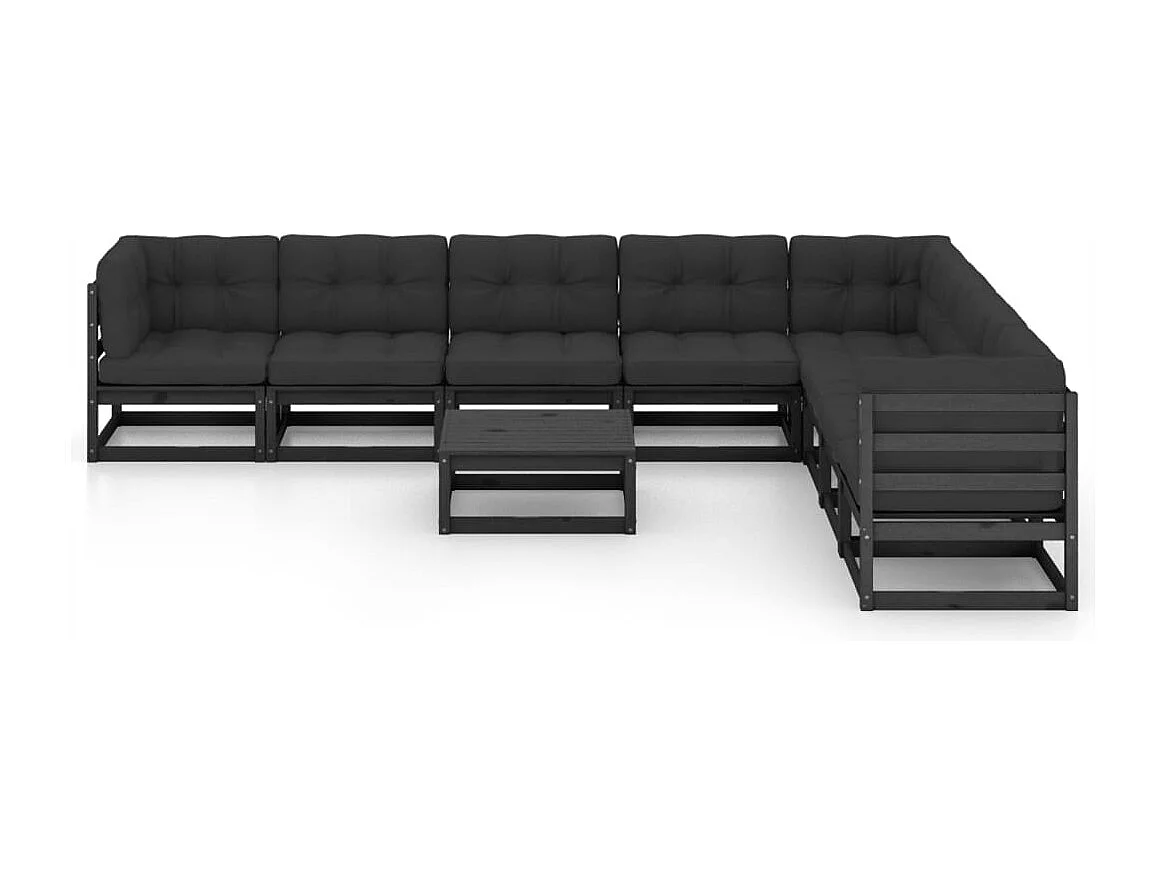 9pcs conjunto longue de jardim c/ almofadões pinho maciço preto