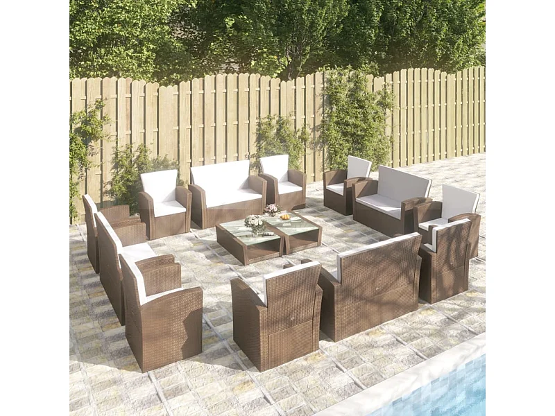 Set muebles de jardín 16 pzas y cojines ratán sintético marrón