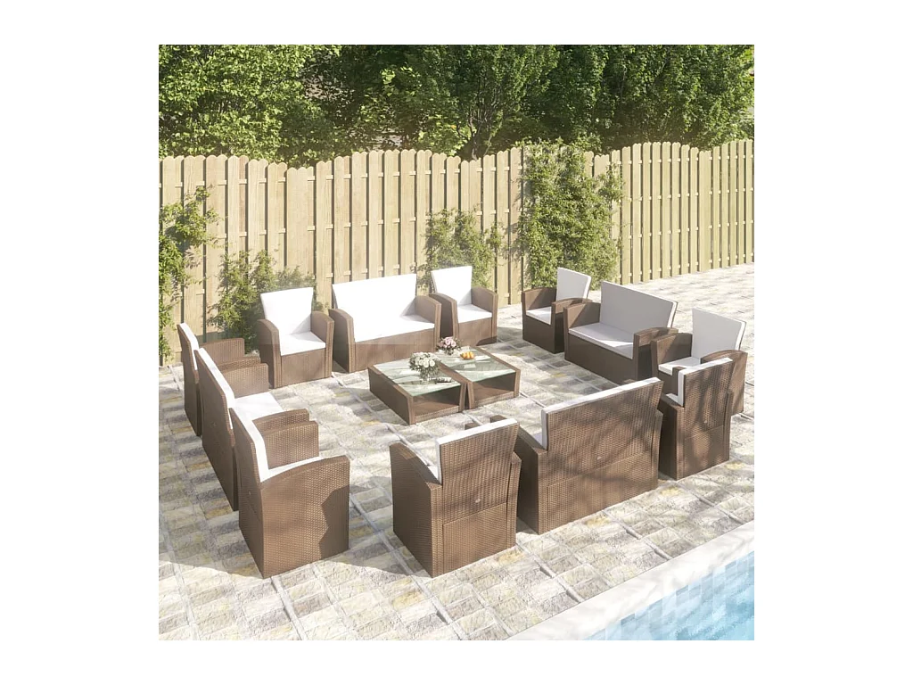 16-delige Loungeset met kussens poly rattan bruin