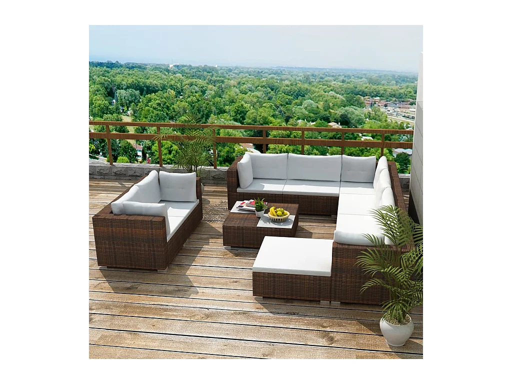 Salon de jardin 10 pcs avec coussins Résine tressée Marron