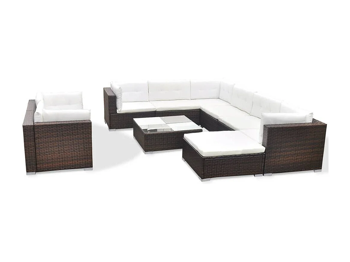 10-delige Loungeset met kussens poly rattan bruin