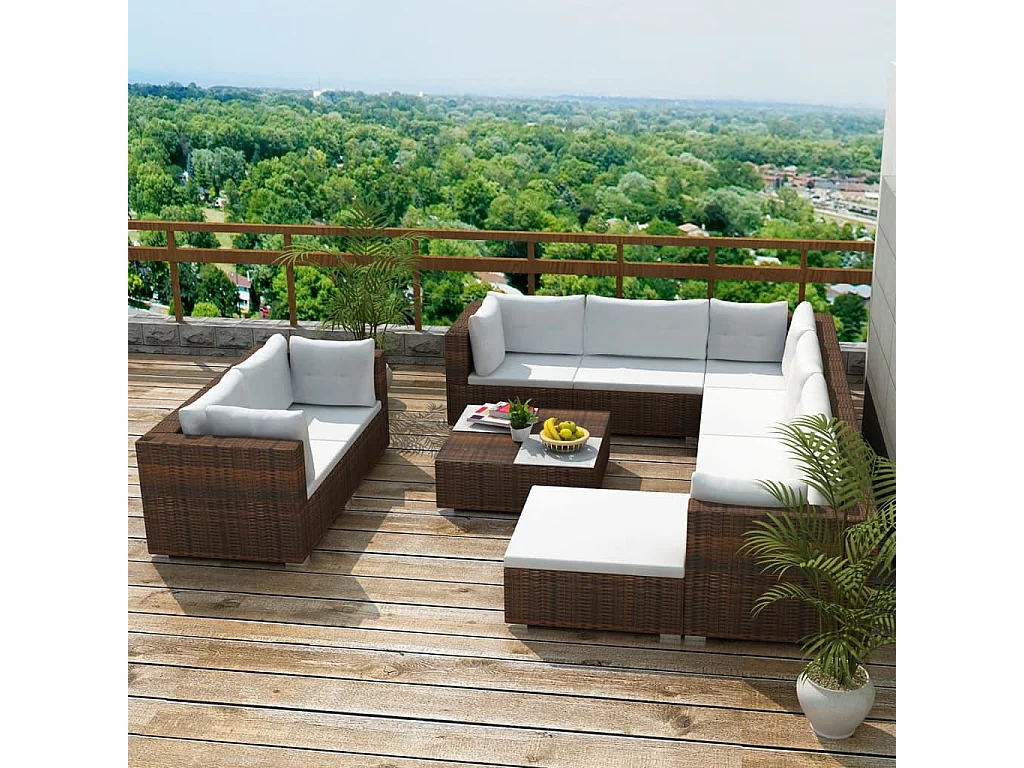 10-delige Loungeset met kussens poly rattan bruin