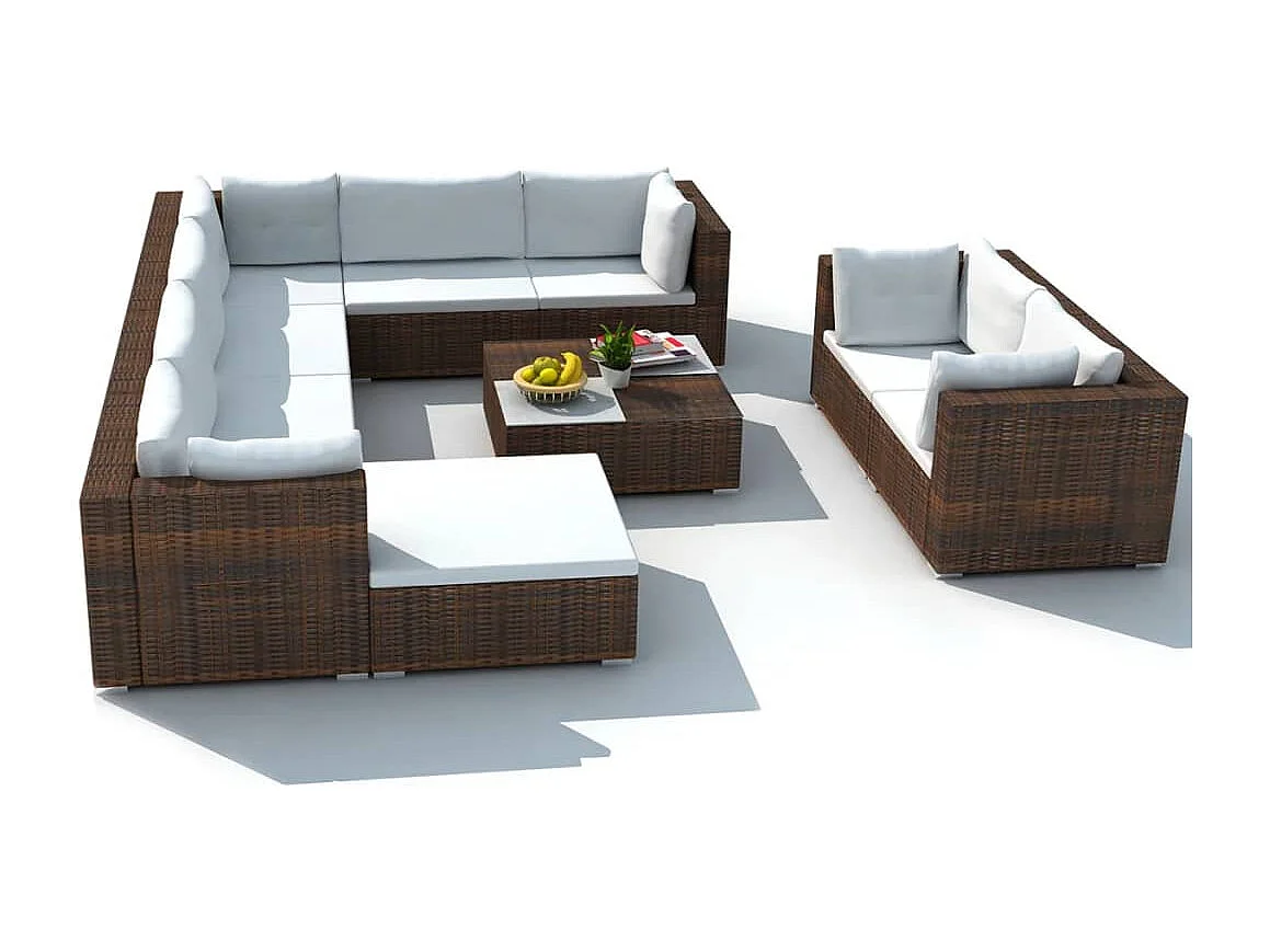 10-delige Loungeset met kussens poly rattan bruin