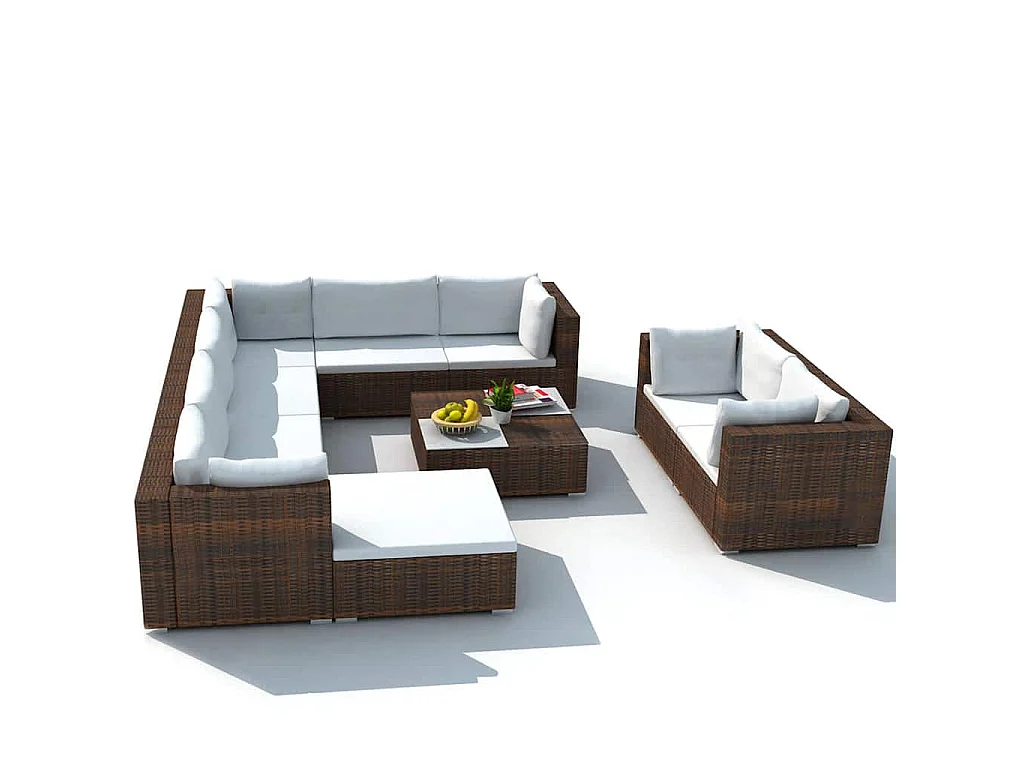 Salon de jardin 10 pcs avec coussins Résine tressée Marron