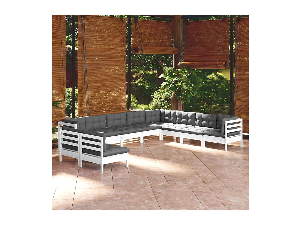 Salon de jardin 10 pcs avec coussins blanc bois de pin massif