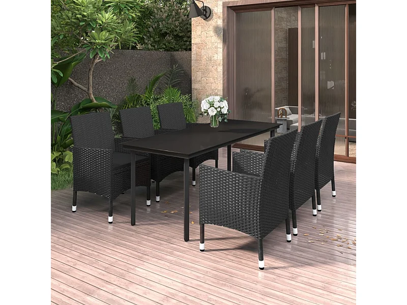 Ensemble à manger de jardin coussins 7 pcs Résine tressée Verre