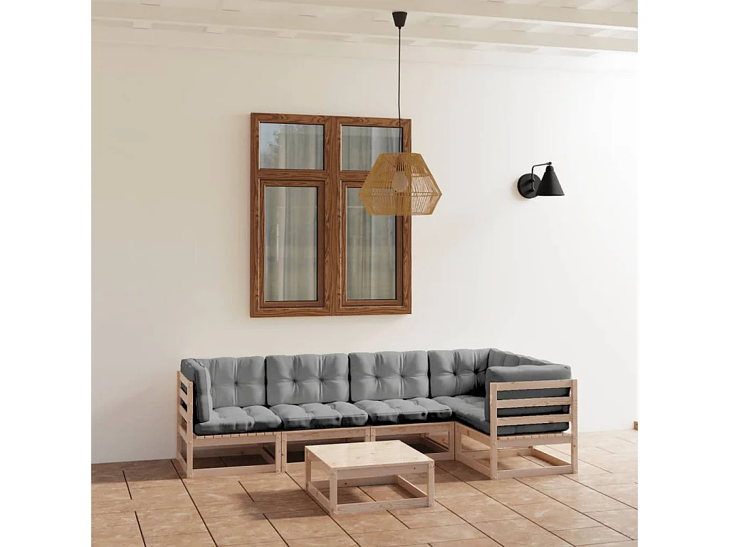 Muebles de jardín 6 piezas con cojines de madera de pino maciza