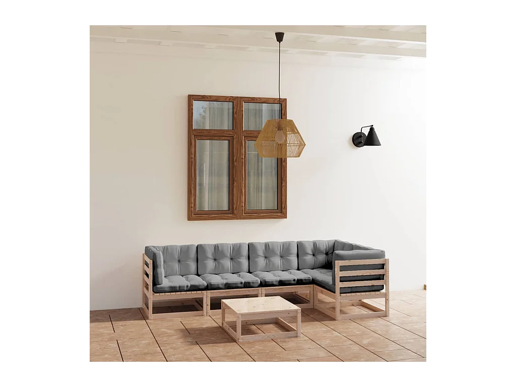 6-delige Loungeset met kussens massief grenenhout