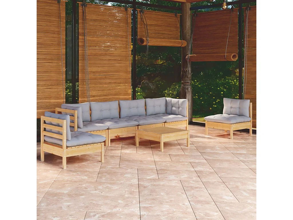 Salon de jardin 7 pcs avec coussins gris bois de pin massif