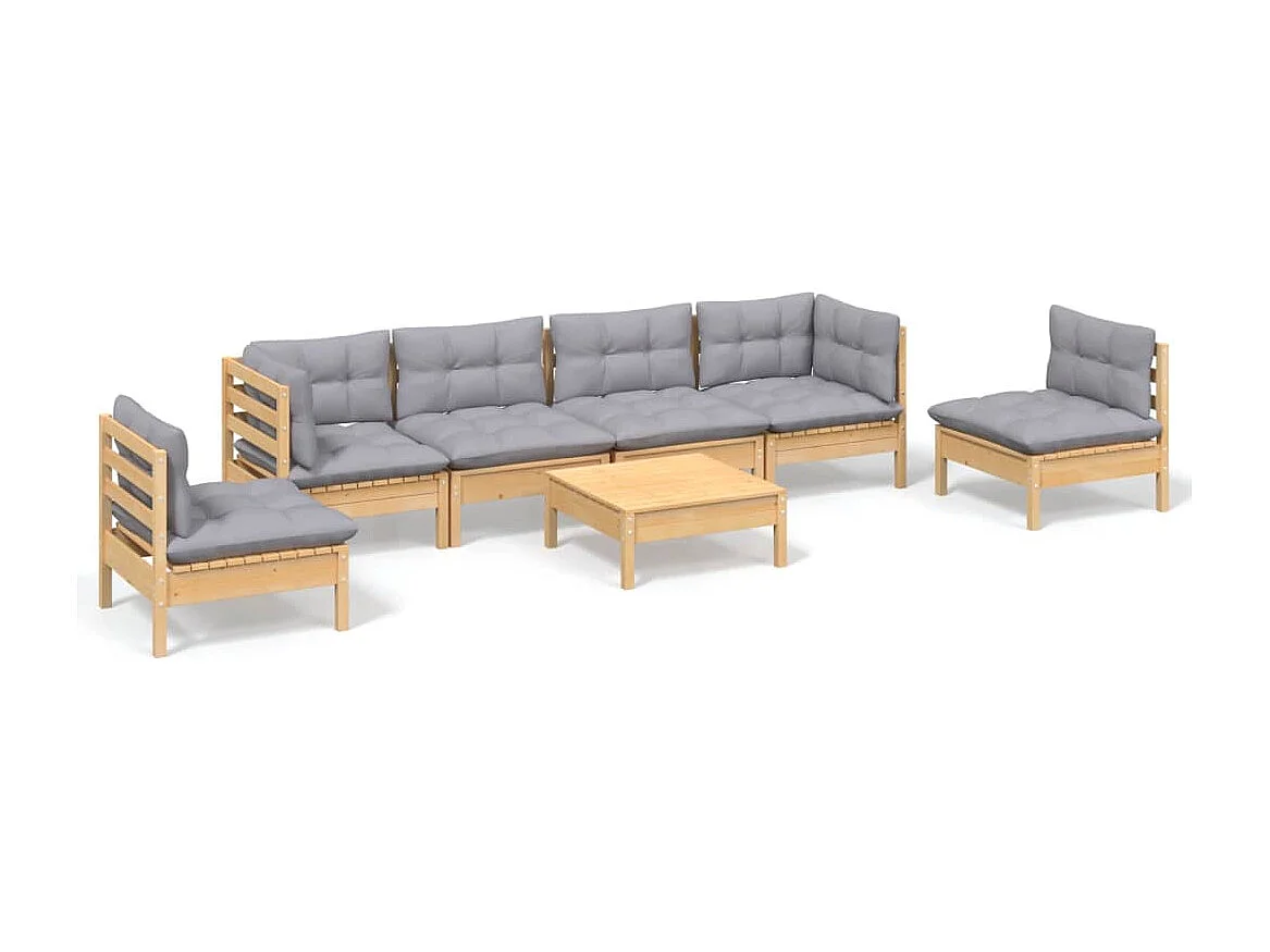7-tlg. Garten-Lounge-Set mit Grauen Kissen Kiefer Massivholz