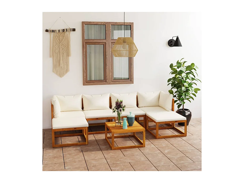 Set Divani da Giardino 7 pz con Cuscini Crema in Legno Acacia