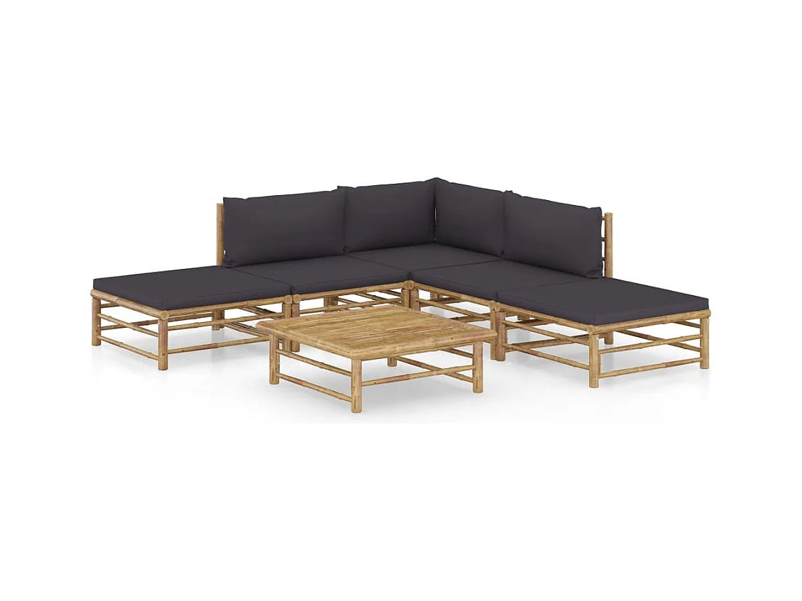 Salon de jardin 6 pcs avec coussins gris foncé bambou