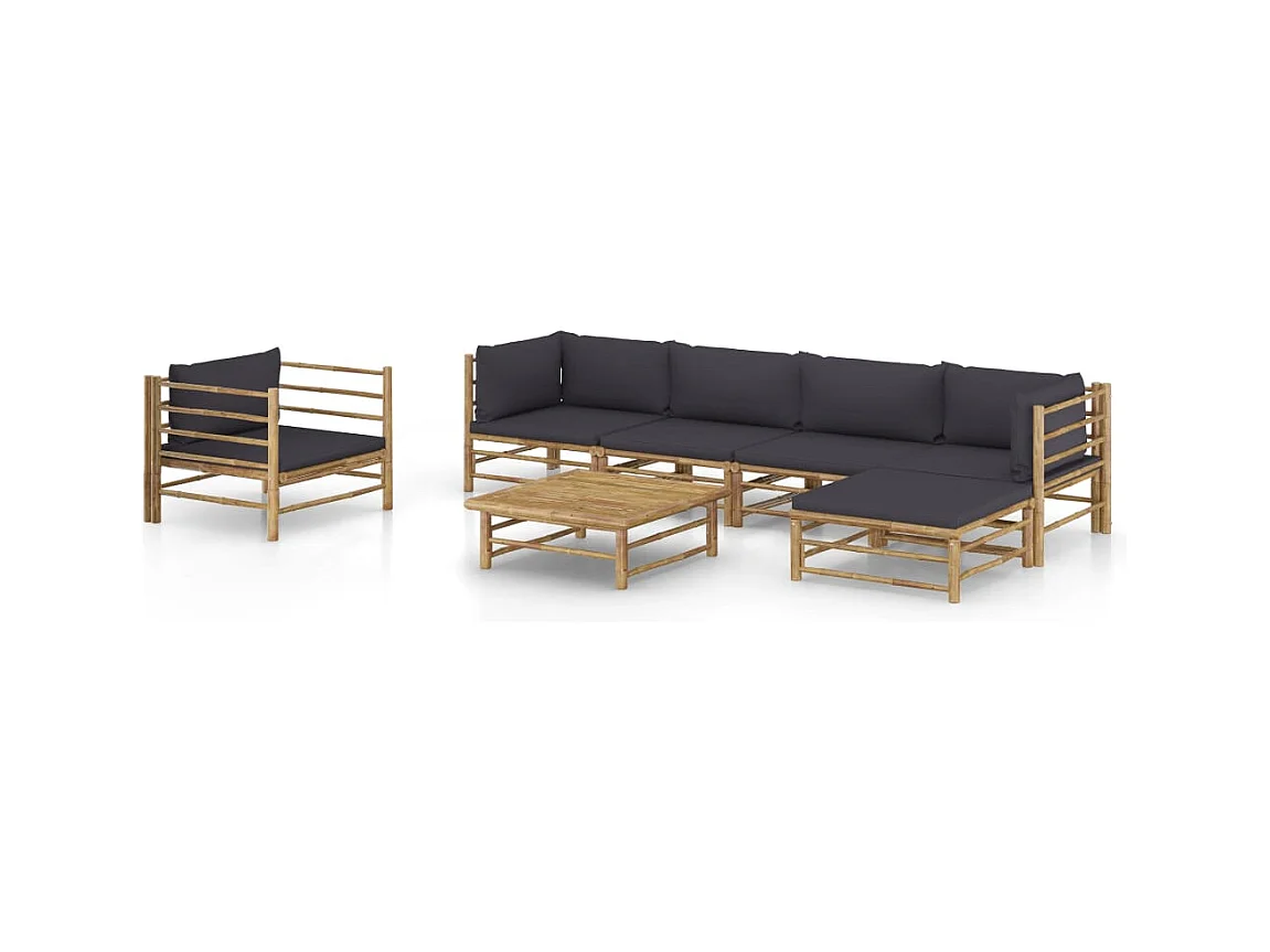 Salon de jardin 7 pcs avec coussins gris foncé bambou