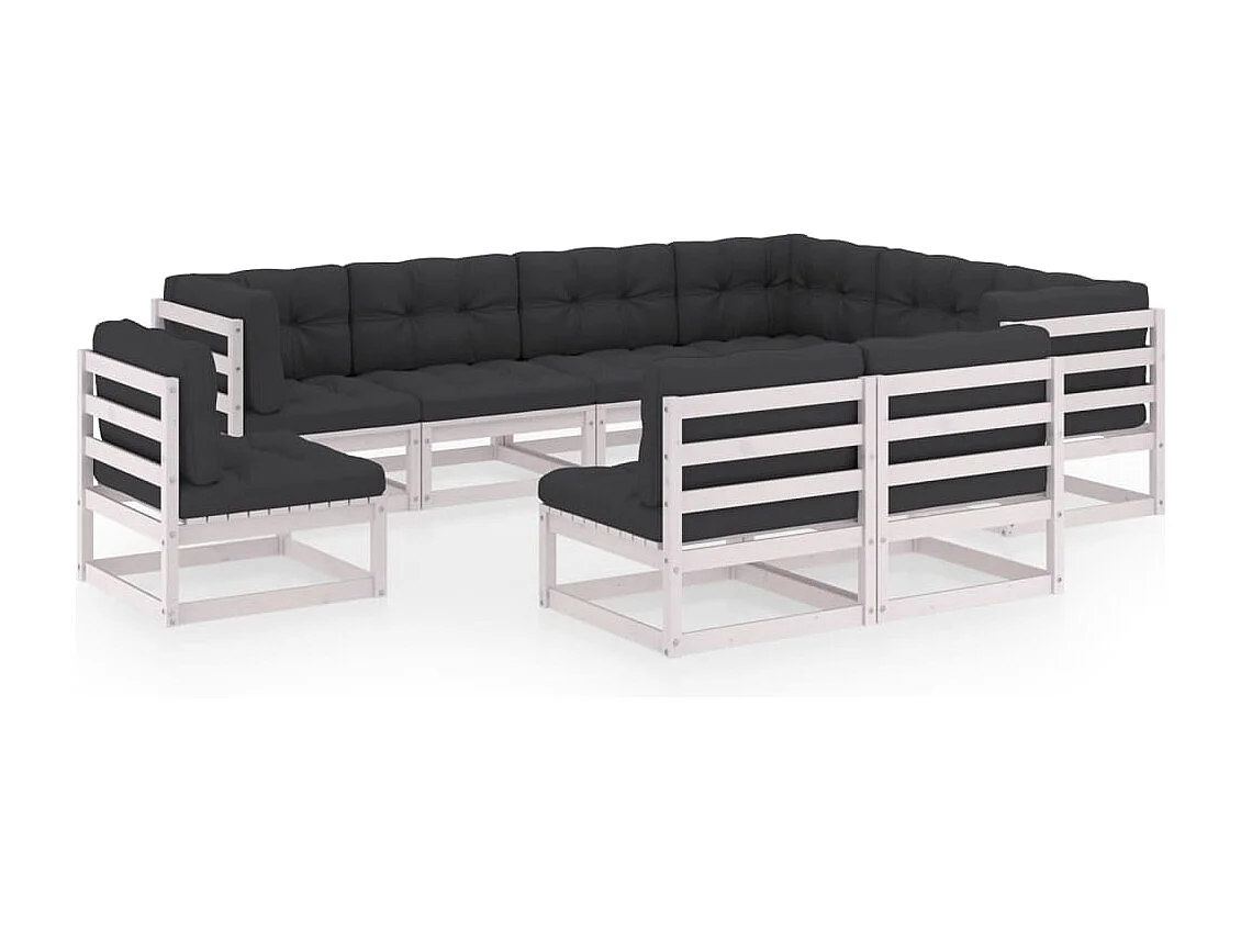 Salon de jardin 9 pcs avec coussins Blanc Bois de pin massif