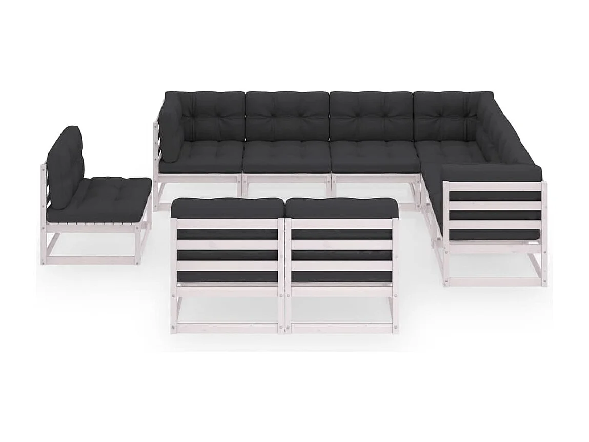 Salon de jardin 9 pcs avec coussins Blanc Bois de pin massif