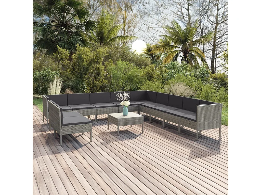 Salon de jardin 12 pcs avec coussins Résine tressée Gris