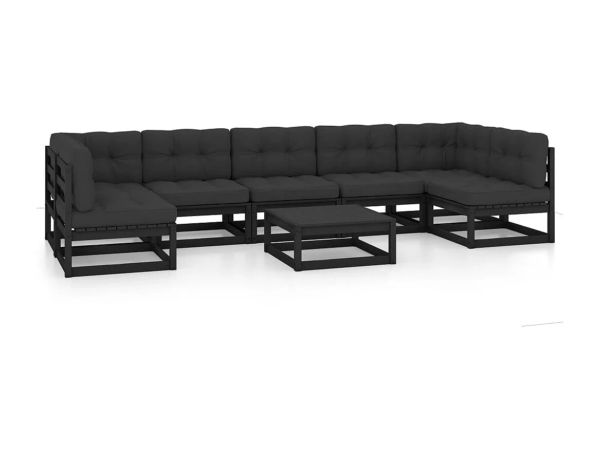 Salon de jardin 8 pcs avec coussins Noir Bois de pin massif